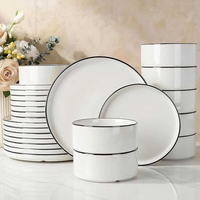 Famiware Porcelain 24-Piece Dinnerware Set, White with Black Trim | Plates and Bowls for 8, Dishwasher & Microwave Safe, Chip & Scratch Resistant, Ideal for Everyday & Formal Use