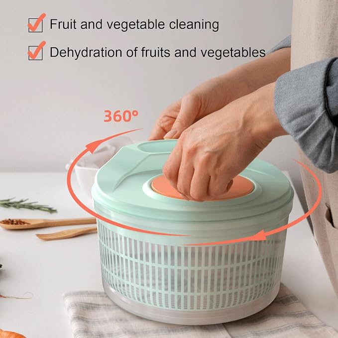 3L Salad Spinner, Manual Vegetable Washer & Fruit Dryer with Drainage Holes, Food Grade Plastic, Rotatable Kitchen Tool for Lettuce, Herbs, Greens Light Green