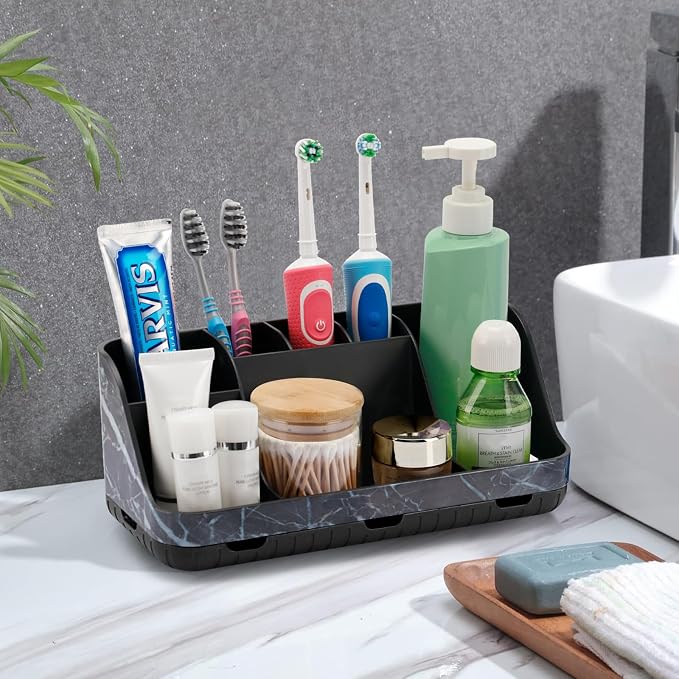 GFWARE Marble Black Toothbrush Holder for Bathrooms, Bathroom Sink Storage | Detachable 7 Slots Kid Electric Toothbrush and Toothpaste Holder, Bathroom Sink Accessories Storage Caddy Marble-Look, Black