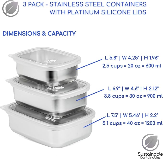 Stainless Steel Food Storage Containers with Clear Platinum Silicone Lids, Airtight, Leakproof 18/8 (304) Food Grade SS Nested 3Pk 20/30/40 oz Plastic-Free