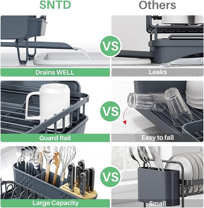 SNTD Large Dish Drying Rack for Kitchen Counter, Expandable, Grey | Stainless Steel Dish Drainer, Adjustable Length 18.9''-29.3'', Automatic Drainage, 360° Spout, Cutlery Holder with Knife Slot
