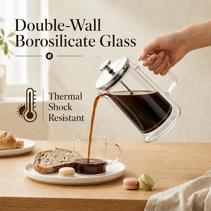 34oz Double Wall Glass French Press Coffee Maker, Borosilicate Glass, Heat Resistant