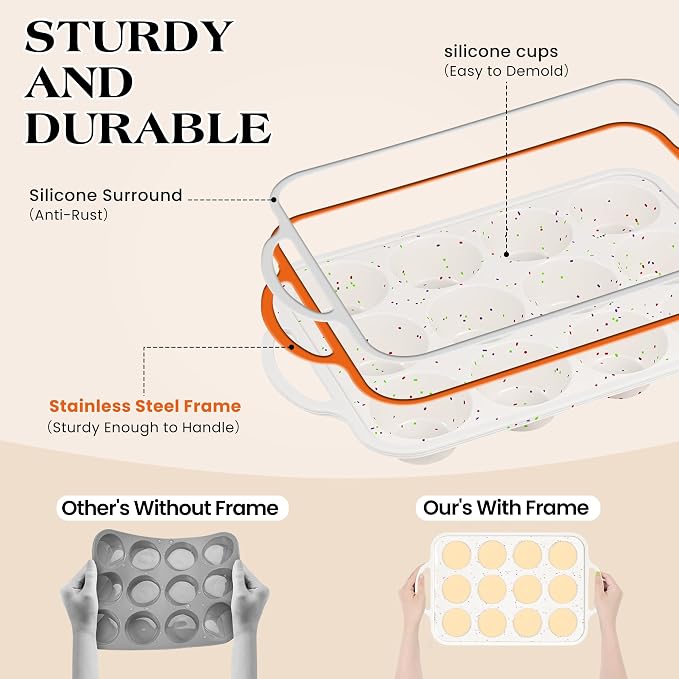 2 Pcs Silicone Muffin Pan with Metal Frame Nonstick 12 Cup Regular Size Cupcake Pan Silicone Muffin Tray for Baking Egg Bites Muffins Cupcakes Gifts for Mom Home Baker Kitchen (Cream) | Metal Frame, Nonstick, For Baking Egg Bites Muffins Cupcakes, Gift...