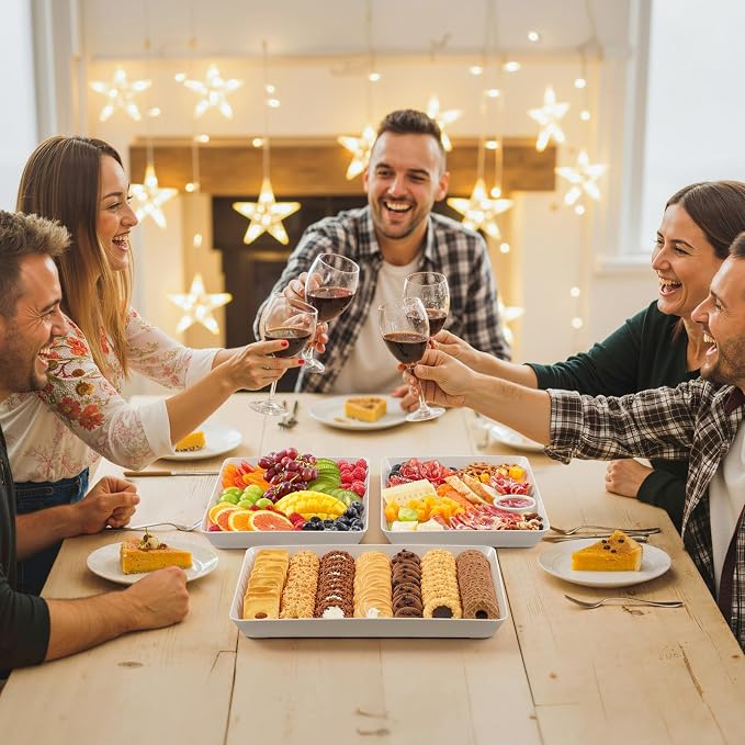 Lifewit 6 Pcs Extra Large Serving Tray for Party, 16" x 12" Reusable Plastic Food Serving Platter for Dessert, Fruit, Cookie, Appetizers & Charcuterie, BPA-Free White Catering Trays for Buffet Display