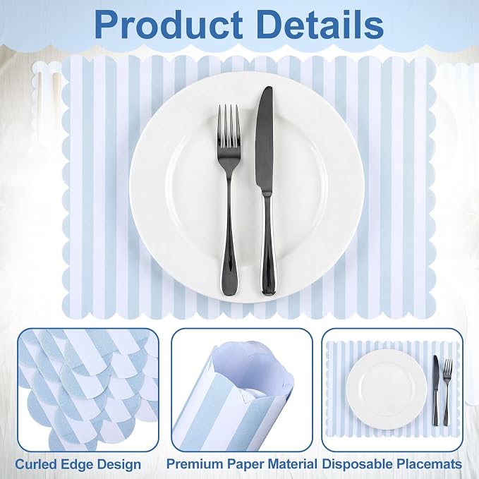 100 Pcs Blue Striped Paper Placemats Summer Coastal Scalloped Dusty Blue and White Placemats Disposable Square Striped Place Mats for Wedding Bridal Shower Beach Party Home Table Kitchen Decor