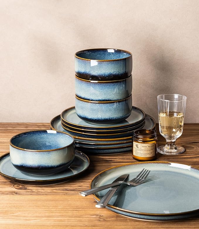 Ceramic Dinnerware Set for 4, 12-Piece Plates and Bowls Set | Handmade Reactive Glaze Dish Set, Scratch Resistant, Oven & Microwave & Dishwasher Safe, Denim Blue
