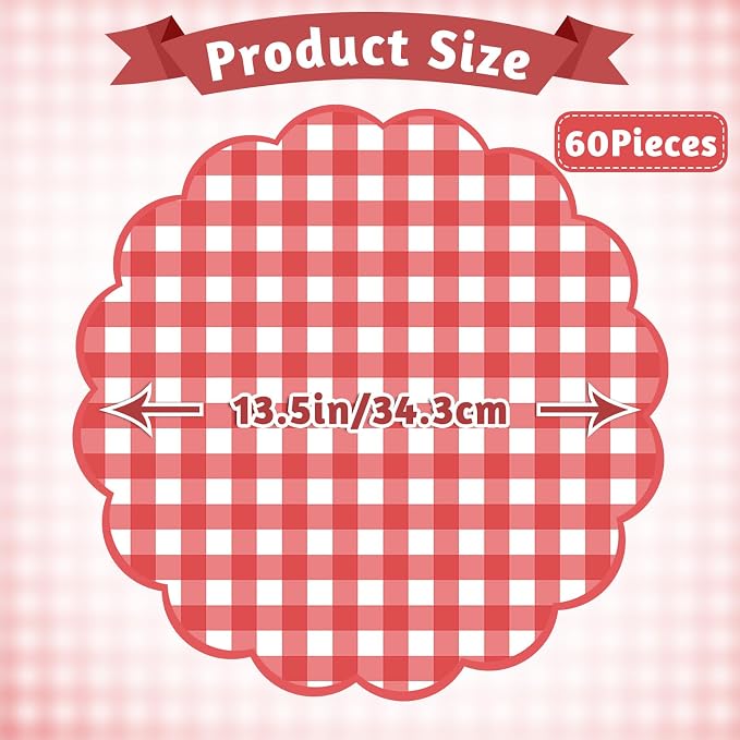 60 Pcs Red and White Gingham Paper Placemats, Scalloped Checkered Place Mat | 13.5 Inch Disposable Picnic Placemats Decorative Paper for Table Setting BBQ Baby Shower Wedding Bridal Banquet Tea Party