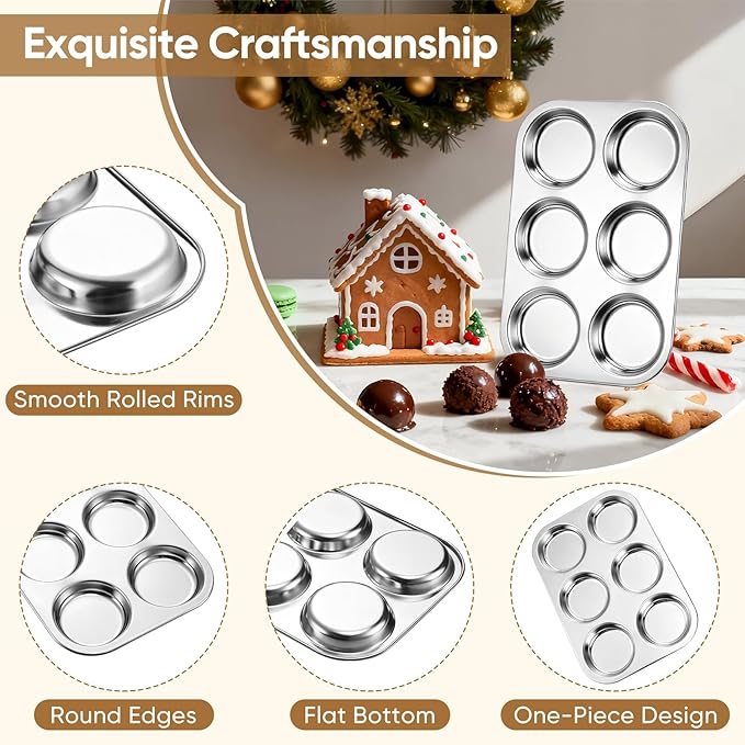 TeamFar Muffin Top Pan, 6 Cavity Stainless Steel Shallow Cupcake Pan | Muffin Tin for Baking Yorkshire Pudding, Whoopie Pie, Egg Bite, Hamburger Bun, Non Toxic & Dishwasher Safe