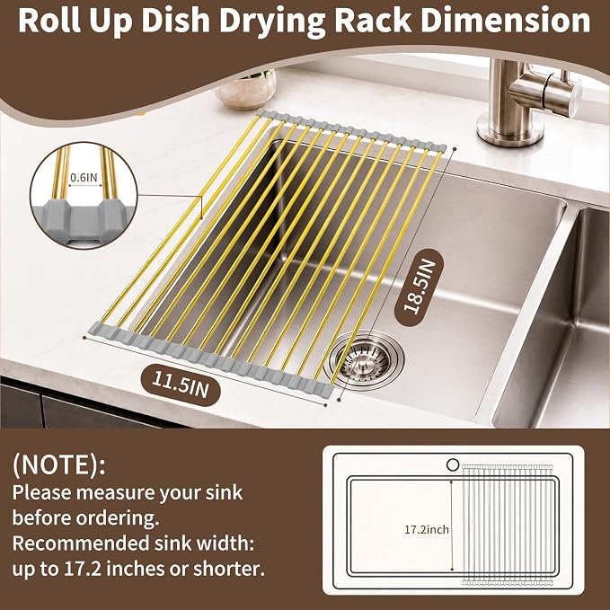 Golden Roll Up Dish Drying Rack, Stainless Steel Dish Drainer Over The Sink for Kitchen Sink Counter Storage, Applicable for Sink Width Less Than 17in (18.5'' x 11.5'')
