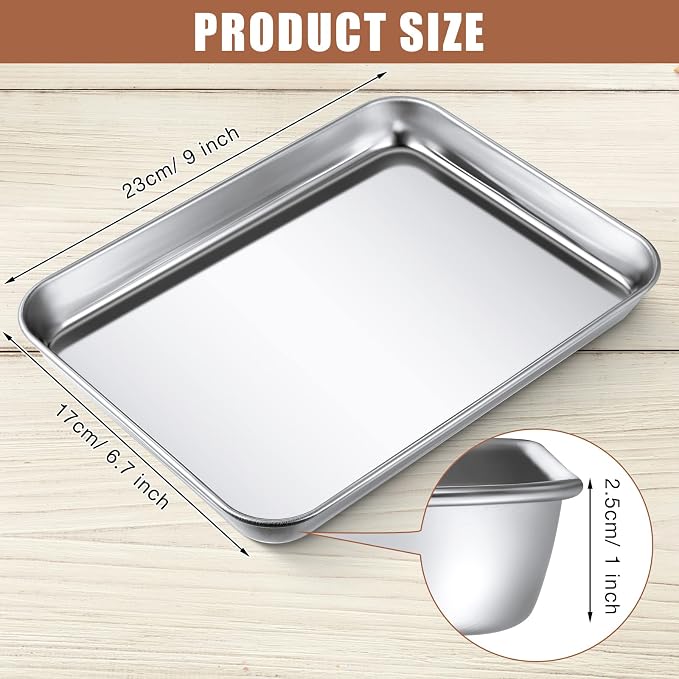 Potchen 12 Pcs Baking Sheet Pan Set Stainless Steel Cookie Sheet Small Toaster Oven Pans Tray Barbecue Grill Pan Rectangle Trays Oven Freezer Bakery, Non-stick, Easy Clean, 9 x 6.7 x 1 Inches