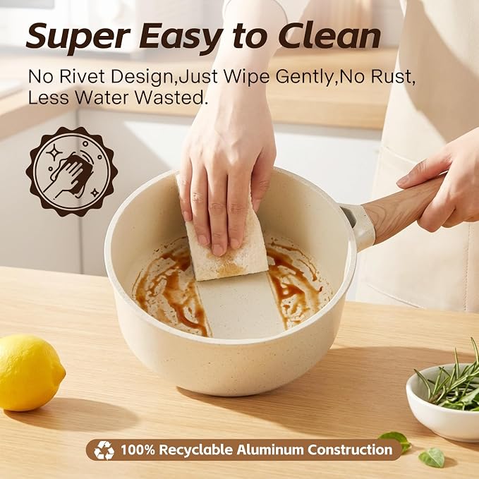 Ceramic Nonstick Saucepan with Lid, 2.0 QT Small Non Stick Stock Pot with Stay-cool Handle, Induction Compatible Cooking Pot White Granite Coating Easy to Clean Kitchen Cookware