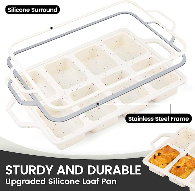 Vinino 2 Pack Mini Silicone Loaf Pans with Metal Reinforced Frame, 8-Cavity | Non-Stick Easy Release Heat Resistant Bakeware, Reusable Small Mini Banana Bread & Cake Baking Pans for Daily Baking