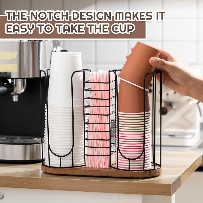 18oz Adjustable Coffee Cup Dispenser with Wooden Base, Cup and Lid Holder, Cups Holder Organizer for Coffee Pod Straw and Lid Storage(3-Compartment Single,Color 1)