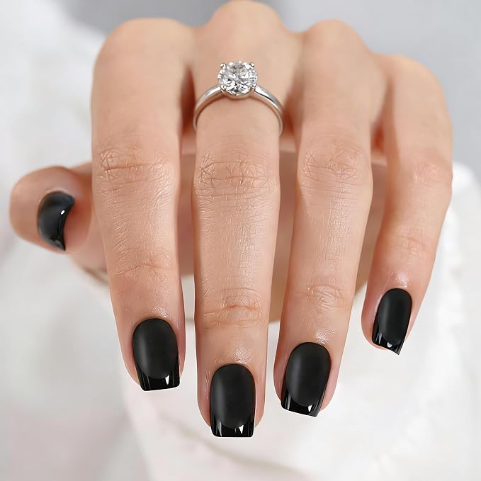 Press On Nails,Black,Short Square,Glossy French Tips With Matte | Salon-Quality Natural Nails, 10-Minute Easy Daily Application,2+ Weeks Wear, Fast Removal, 16 Sizes, All-in-One Complete Kit