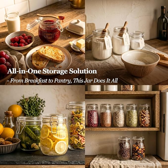 ComSaf Small Ribbed Glass Jars with Airtight Lids 17 oz 6 Pack Wide Mouth | Flour sugar coffee beans, Fermenting pickling, Farmhouse pantry decor, Jam jelly honey, Nuts snacks spices, Kitchen storage
