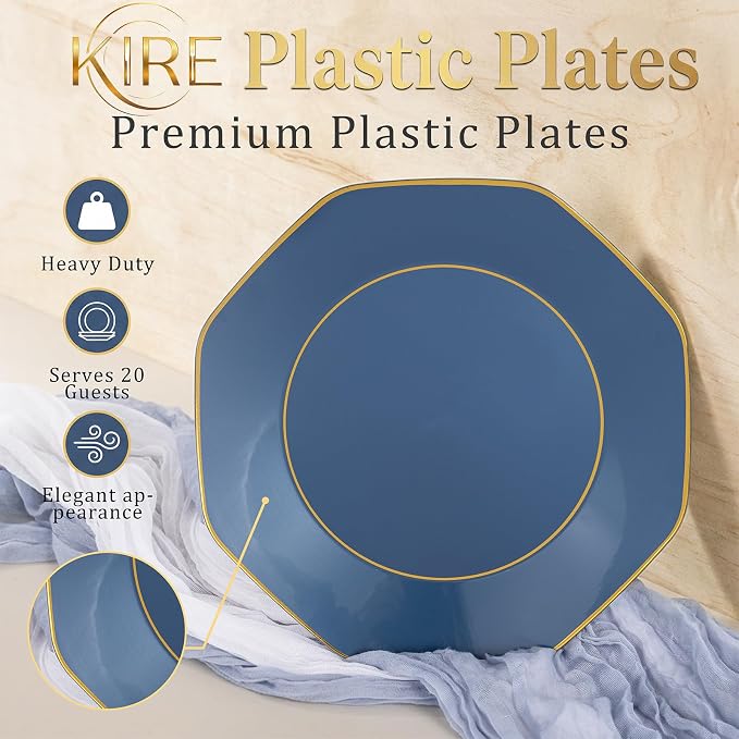 KIRE 140Pcs Blue Plastic Plates with Gold Rim - Navy Blue Plates for Party | Include 40pcs Blue and Gold Plates, Gold Plastic Silverware with Blue Handle&Clear Cups&Hand Napkin for Wedding