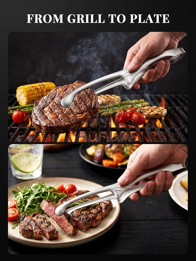 Korean BBQ Scissors Set with Tongs for Table-Side Meat Cutting & Sharing | Curved stainless steel scissors with a serrated inner edge and matching tongs for cooked meat; dishwasher safe