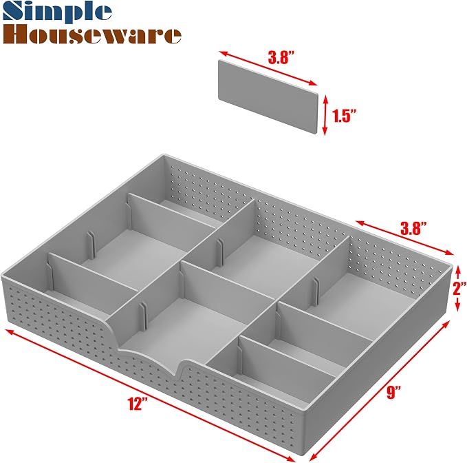 Simple Houseware Drawer Organizer Tray, 9 Adjustable Compartments, Gray | For Office, Makeup, and Craft Drawer or Desktop Storage