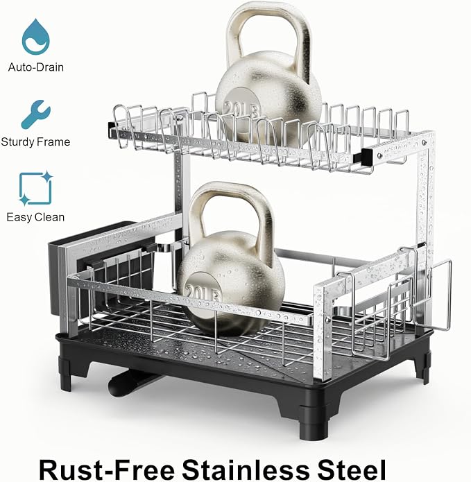 Stainless Steel Dish Drying Rack 2 Tier, Compact Dish Racks for Kitchen Counter with Cutting Board Holder, Auto-Drain Spout, Rust Proof Dish Drainer for Apartment, 21" L x 12.6" W, Silver