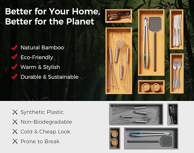 Bamboo Kitchen Drawer Organizer Boxes 9" x 3" Stackable Wooden Organizers | Set of 2 Wood Silverware Utensil Tray for Drawers Bins, Cutlery & Flatware Storage for Junk Drawer, Bathroom, RV