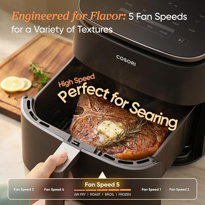Cosori TurboBlaze Air Fryer, 9-in-1, 6 Qt, PFAS-Free Ceramic Coating | 90°–450°F, 5 Level Fan Speeds, 9 in 1 Air Fry, Roast, Bake, Broil, Dry, Frozen, Proof, Reheat, Keep Warm, Safety lock, 1725W