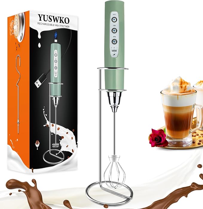 YUSWKO Handheld Milk Frother Wand for Coffee, Rechargeable Electric Whisk with 3 Heads 3 Speeds Drink Mixer Coffee Frother For Latte, Cappuccino, Hot Chocolate, Egg, Granite with Holder