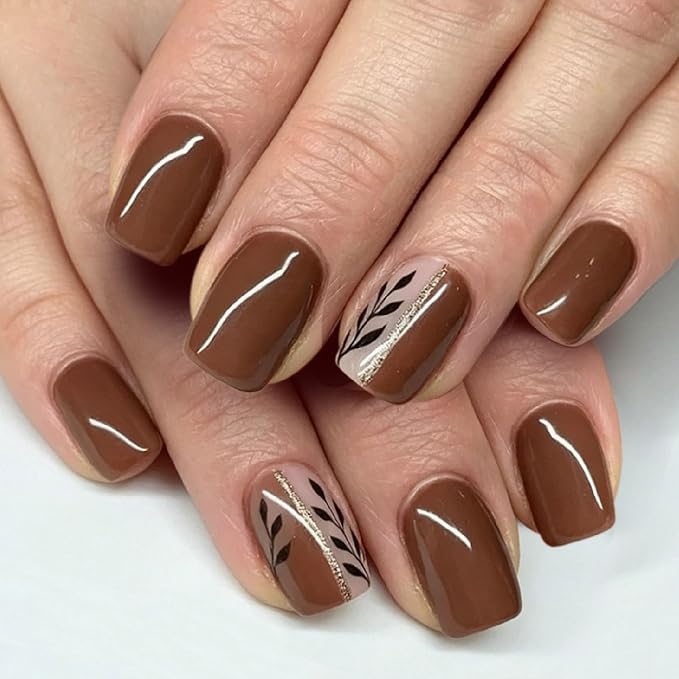 Fall Press on Nails Medium Square Fake Nails with Leaves Glitter Designs Nails Press ons Brown Artificial Nails Autumn Stick on Nails for Women 24 Pcs