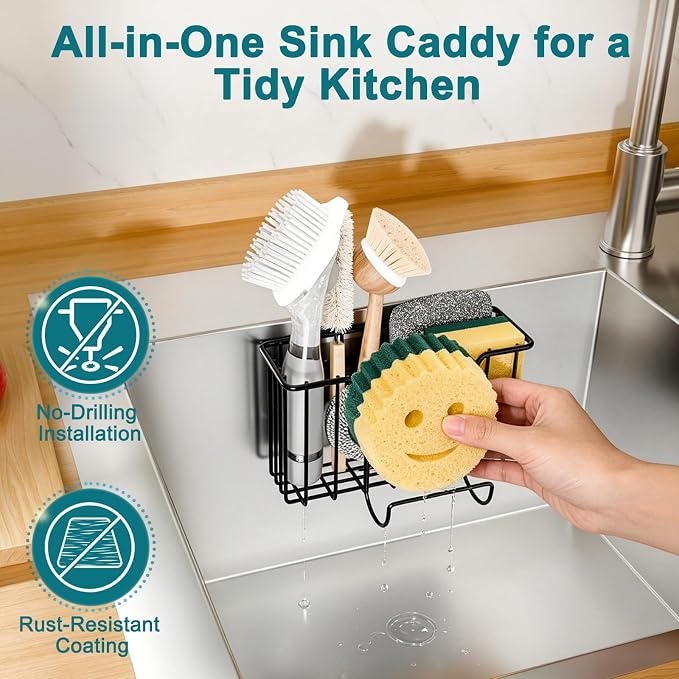 Fikoksol Sponge Holder for Kitchen Inside Sink Hanging with Adhesive Hook | Multifunctional Kitchen Sponge Caddy for Brush Storage, Metal Deep Non-Rust Kitchen Sponge Organizer Rack In Sink Accessory