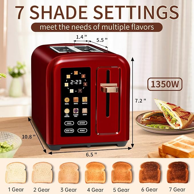 SEEDEEM Touchscreen Toaster 2 Slice, 7 Shade, Stainless, 1350W Dark Cherry