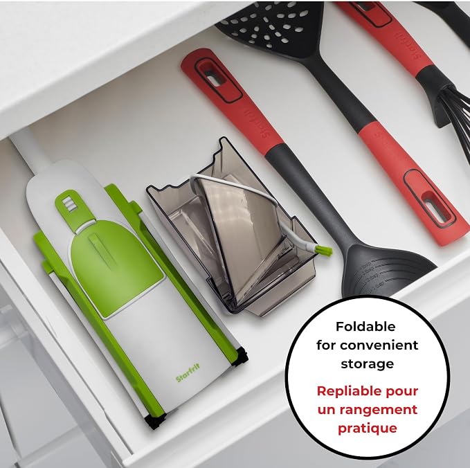 Starfrit Pump'n'Slice Vertical Mandoline, Food Slicer & Chopper, Safe | Safe enclosed blades. Adjustable slicing. Julienne & dice. Ideal for fruits & vegetables. Folds for storage.