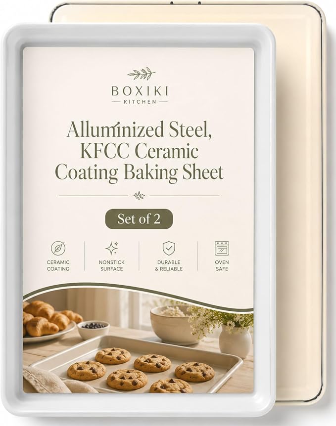 Ceramic Baking Sheet Half Size 17"x11" - Heavy Duty 0.6mm Aluminized Steel Pan, KFCC Ceramic Nonstick Cookie Sheet, Oven Safe to 550°F, Rustproof & Warp Resistant Baking Tray (2PCS)