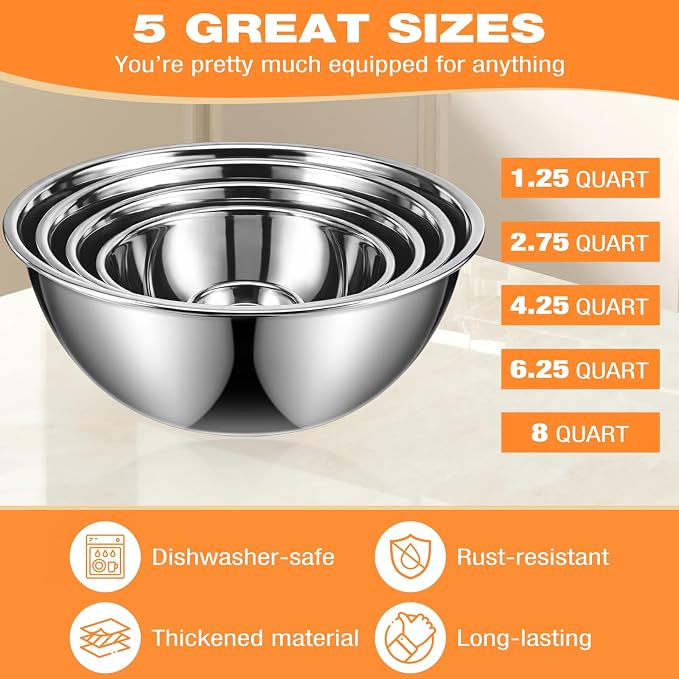 Stainless Steel Mixing Bowls Set - 5-piece Polished Mirror Nesting Bowls 1.25, 2.75, 4.25, 6.25, 8 Quart Thickened Material Ideal for Kitchen, Cooking, Baking and Storage, Deep