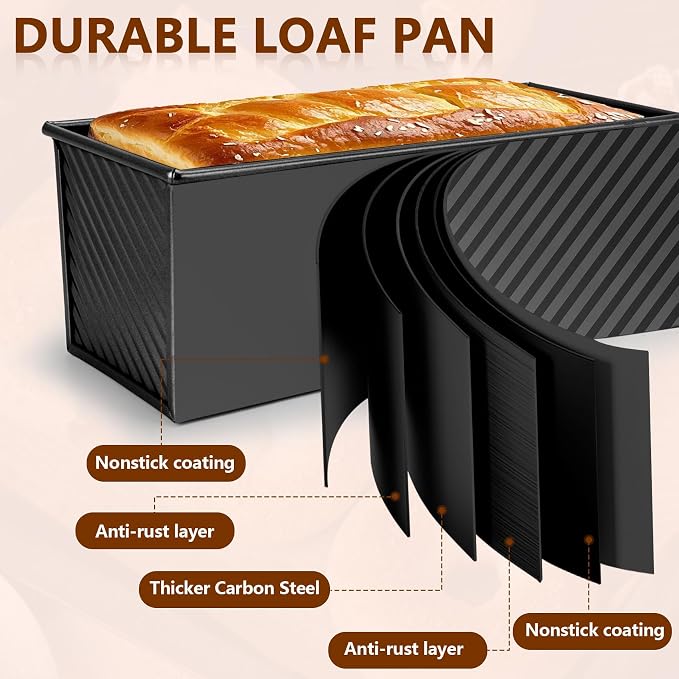 Pullman Loaf Pan with Lid 13x4, 2.2 lb Dough Capacity Bread Loaf Pan, PFTE and PFOA-Free, Healthy Baking for Homemade Sourdough & Sandwich Bread, Nonstick & Easy Clean (Black)