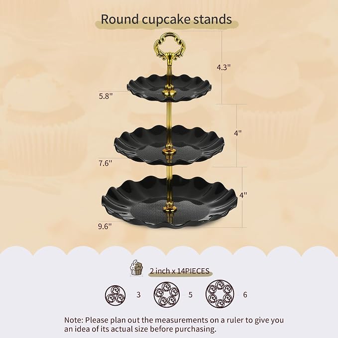 Pack of 11 NWK Cake Stand Set of Cupcake Stand, Tray & Table Cloth (Black) | Includes 3 x 2-Tier & 3 x 3-Tier Cupcake Stands, 4 Appetizer Trays, Plus 1 Tablecloth. Ideal for Parties, Black Design
