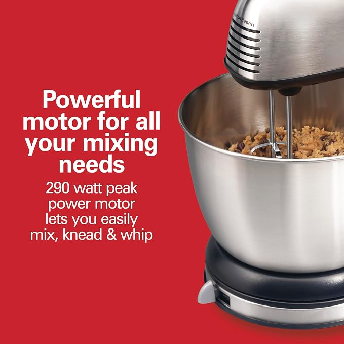 Hamilton Beach Classic Stand and Hand Mixer, 4 Quarts, 6 Speeds with QuickBurst, Bowl Rest, 290 Watts Peak Power, Black and Stainless | 2-in-1 Versatility | QuickBurst For Added Power | 290 Watts Peak Power | Built-In Bowl Rest | Black and Stainless Steel