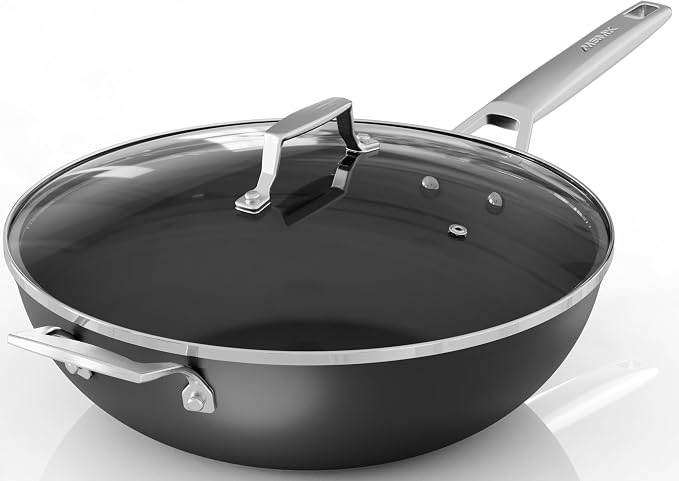 MsMk 12.5 Inch Nonstick Frying pan with Lid, Woks & Stir Fry Pans Skillet | Non Toxic, Even Heating, Easy Clean, Dishwasher & Oven Safe, suitable for gas & electric & induction stoves, Stainless Steel