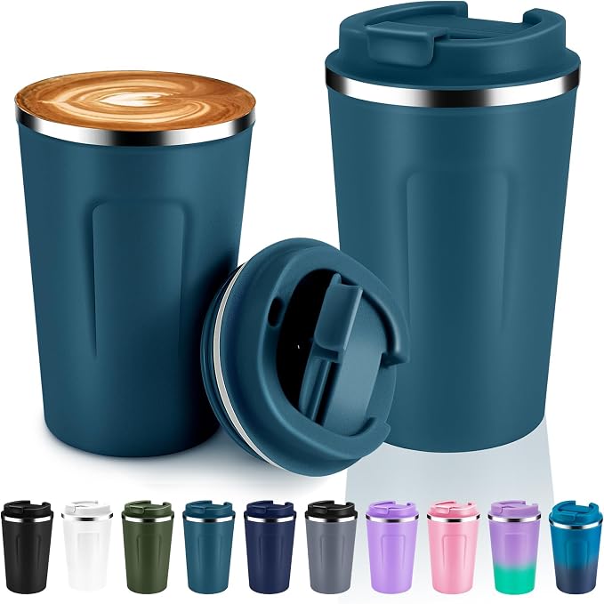 Volhoply 12 oz Double Wall Insulated Vacuum Travel Coffee Mugs with Flip Lid Bulk 2 Pack,Reusable Stainless Steel Leak Proof Coffee Cup,Portable Cafe Thermal Tumbler for Hot & Cold Drinks(Bule,2 Set)