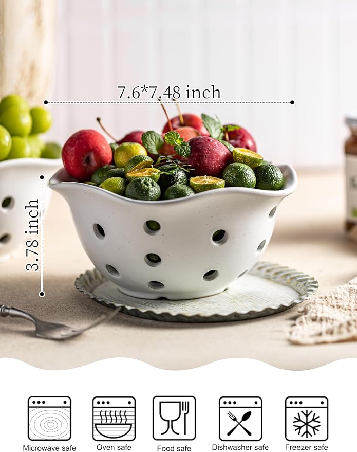 Gomakren Fruit Basket Set of 2, Ceramic Fruit Bowl Berry Basket with Holes, 7.6 Inch Fruit Containers Colander for Fridge - Farmhouse Kitchen Decor, Cream White