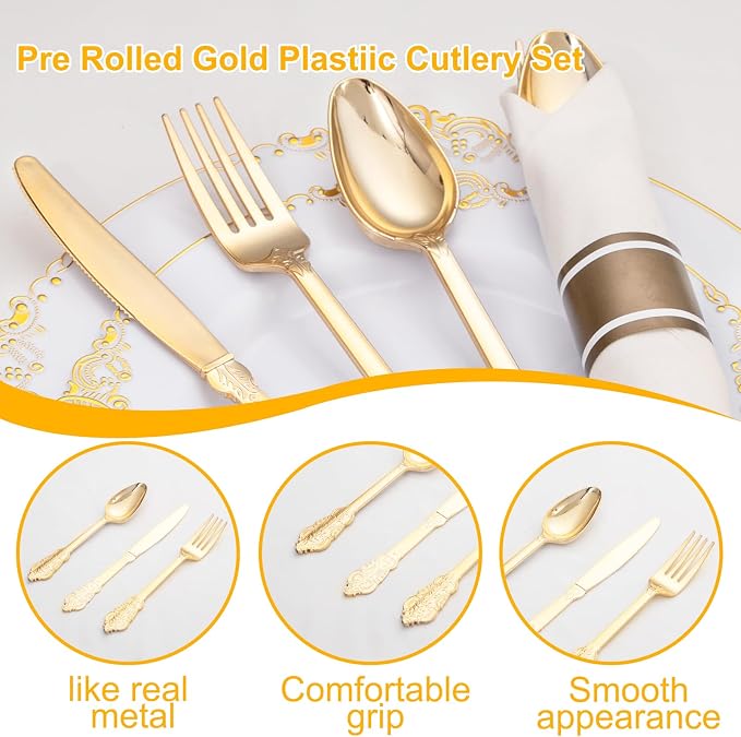 400PCS Gold Wrapped Silverware Disposable Fancy for Parties Weddings | Pre-Rolled and Individually Wrapped, 100 Guests, Durable and Sturdy, BPA free, Includes Matching Napkins, for Elegant Dinners