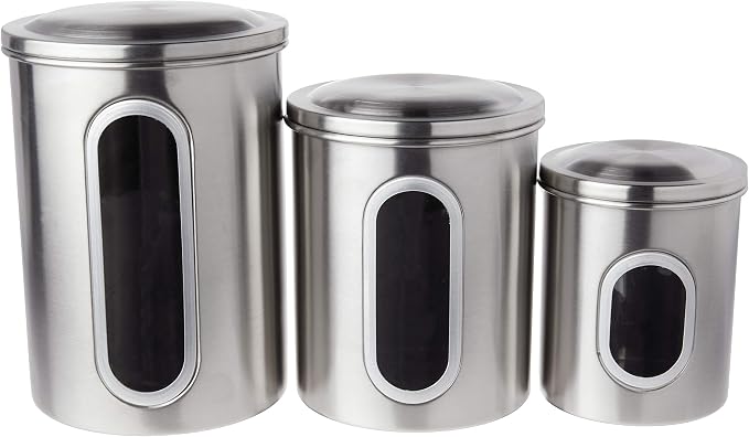 Fox Run Stainless Steel Canister Set For Kitchen Counter, 3 Container Set | Stores Sugar, Coffee, Flour & More | Organize Kitchen Counters | Airtight Lids | Durable Stainless Steel With Glass Window