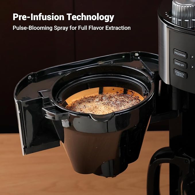 Gevi 10-Cup Grind-And-Brew Drip Coffee Maker with Built-In Burr Grinder | Programmable Timer, 1.5L Water Tank, 2-Hour Auto Keep-Warm, Durable Reusable Permanent Filter for Daily Coffee Brewing