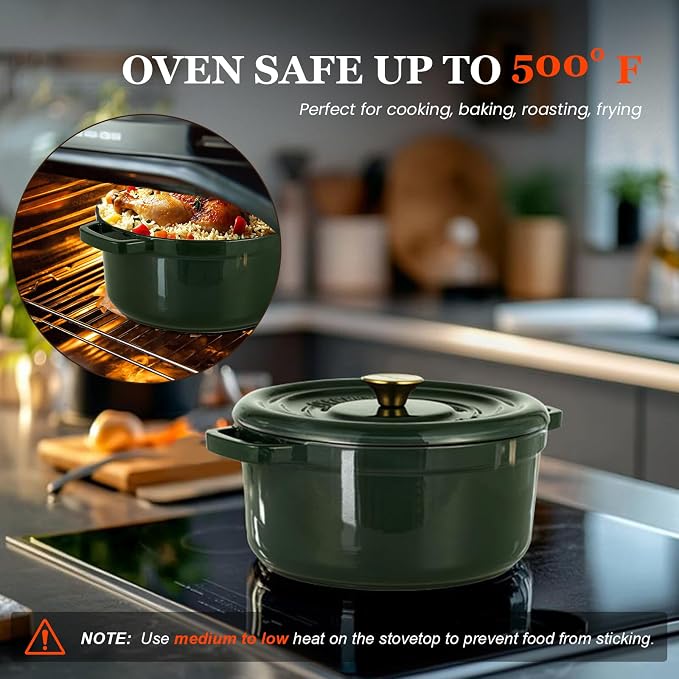 Overmont Enameled Cast Iron Dutch Oven - 5QT Pot with Lid Recipe Potholders | Pre-Seasoned Dutch Oven with Moisture-Sealing Lid, Oven Safe to 500°F, Heavy-Duty Cookware for Braising Stews Roasting Baking