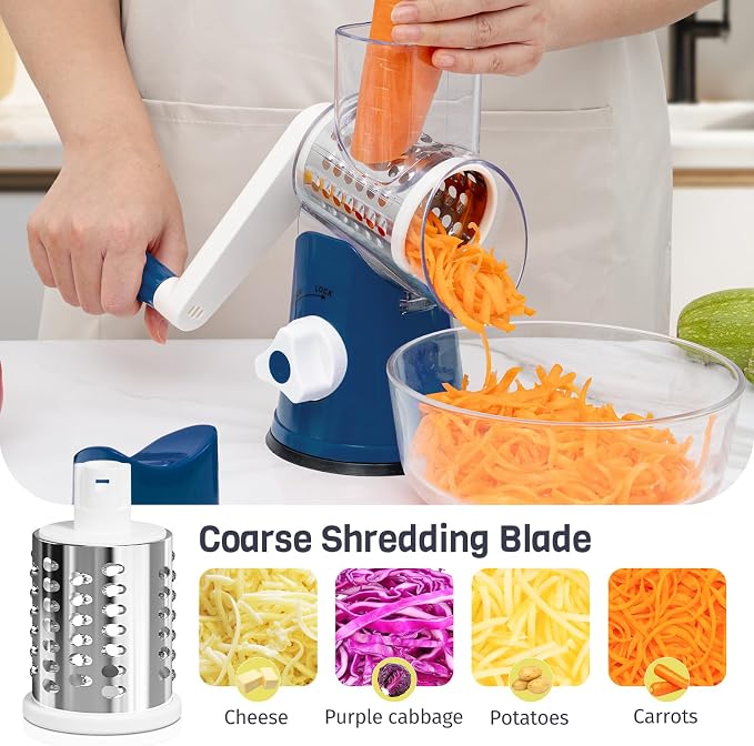 Cheese Grater Hand Crank, Rotary Cheese Shredder with 3 Interchangeable Blades for Coarse, Fine Shredding and Slicing, Strong Suction Base for Pizza, Pasta, Salad, Vegetables, Nuts, Chocolate