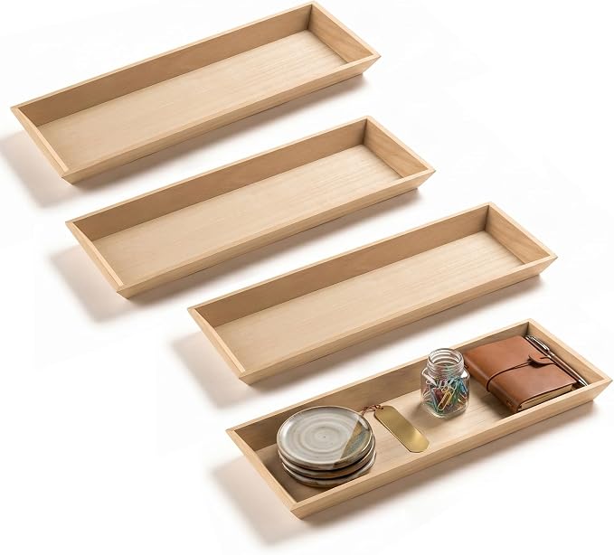 Wooden Serving Trays Set of 4, 17.5x7x1.25 Inches Natural Wood Serving Tray for Home Decor, Decorative Wooden Trays for Coffee Table, Ottoman, Kitchen Counter, Dining Table & Organization
