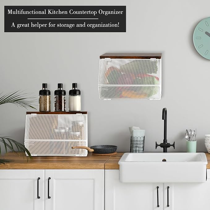 Teenyyou 2 Pcs Stackable Mesh Fruit Basket with Lid Wall Produce Vegetable Storage Basket Onion Potato Hanging Metal Wire Container for Kitchen Counter Pantry(Non-removable,White,7.1" w & 11.8" l)