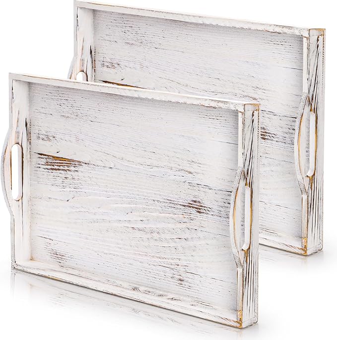 2 Pack Wood Serving Tray, 16.5" Ottoman Wooden Trays for Coffee Table, Farmhouse Vintage Decorative Tray Platter with Cutout Handle for Eating, Breakfast, Rectangle, 16.5" L x 11" W