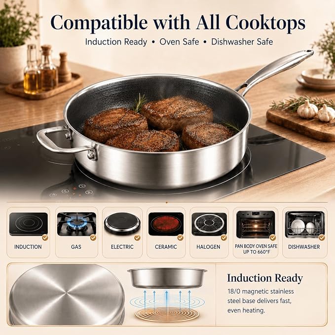 DELARLO Frying Pan,12 inch Tri-Ply Stainless Steel Skillet,6 Quart Saute Pan with lid, Compatible with All Cooktops,Oven Up to 660℉,Chicken Fryer,Dishwasher-Friendly