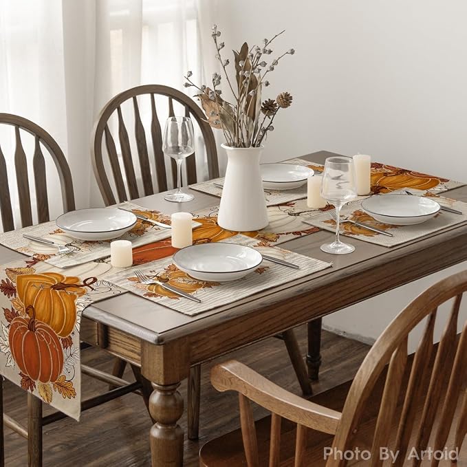 Artoid Mode Orange Pumpkin Leaves Fall Placemats Set of 4-12 x 18 Inch | Heat-Resistant Table Mats, Washable Seasonal Autumn Kitchen Dining Decor