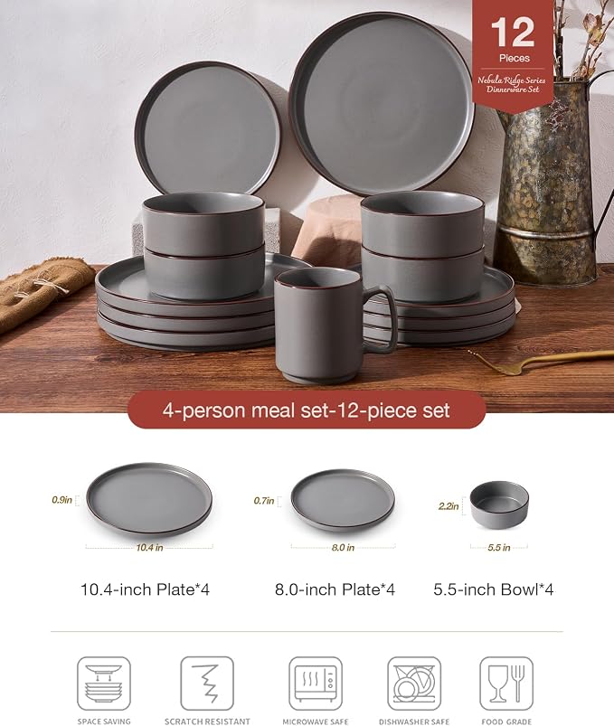 Famiware Nebula Ridge 12-Piece Stoneware Dinnerware Set, Dark Gray | Plates and Bowls for 4, Warm Hand-Painted Rims, Microwave and Dishwasher Safe, Daily Essentials