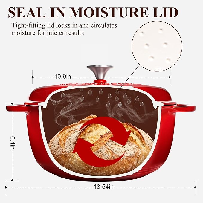 Enameled Cast Iron Dutch Oven - Wildone 6QT Pot with Lid & Cotton Potholders - Oven Safe Enamel Cookware for Bread Baking, Braising, Stews, Roasting, Red